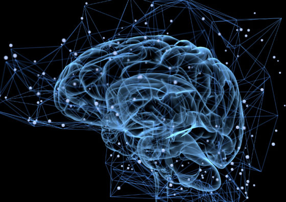 illustration of brain with surrounding digital matrix
