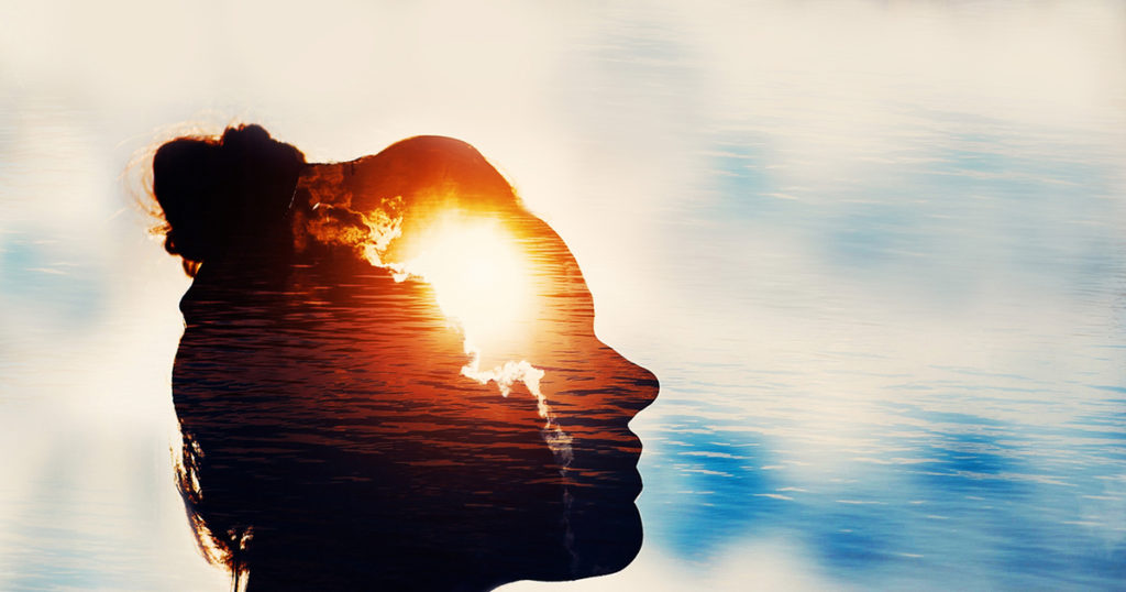 photo illustration - sun, clouds, water, woman's mind