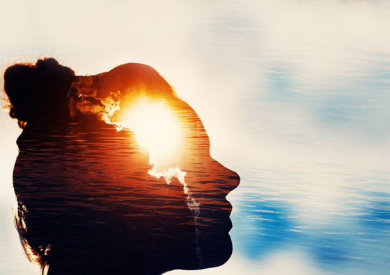 photo illustration - sun, clouds, water, woman's mind